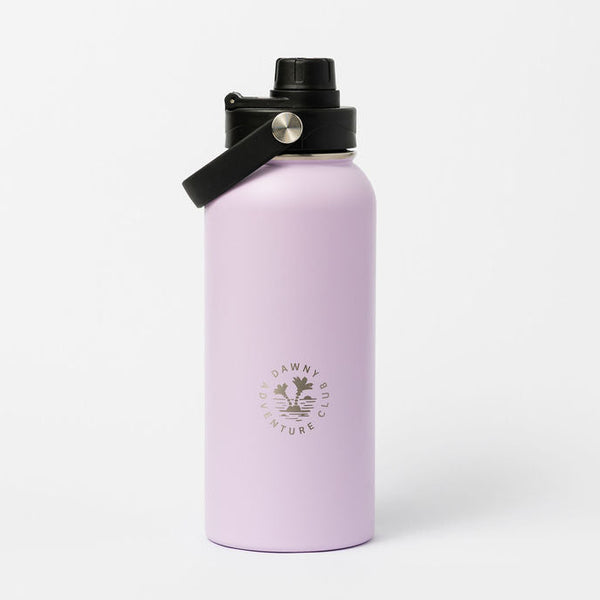 Purple water bottle with black lid on a white background