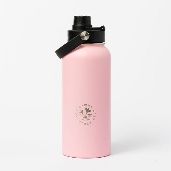Pink water bottle with black lid on a white background