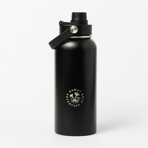Black water bottle with a logo on a white background