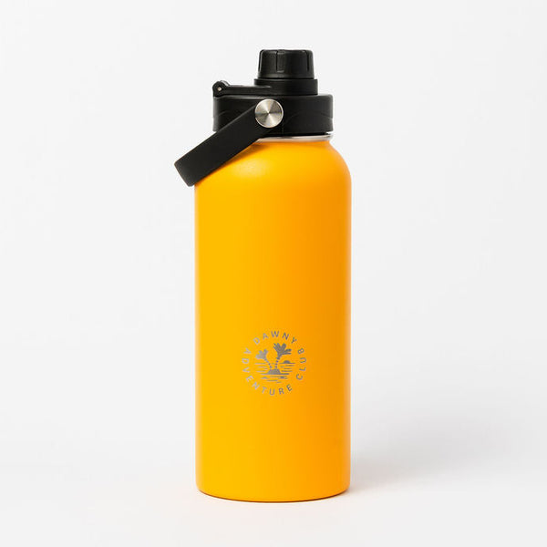 Yellow water bottle with black lid on a white background