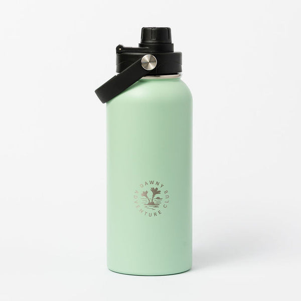 Light green water bottle with black lid on a white background