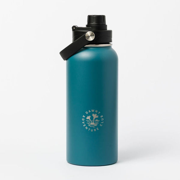 Teal water bottle with black lid on a white background