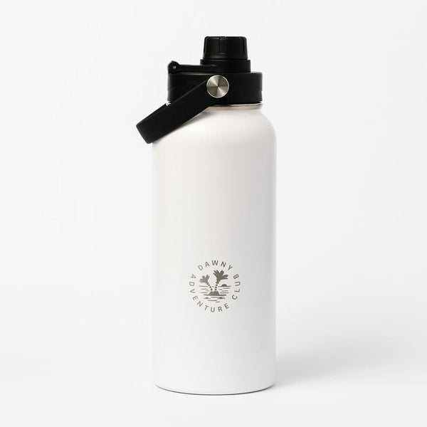 White water bottle with black lid and logo on a white background