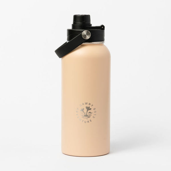 Beige water bottle with black lid on a white background