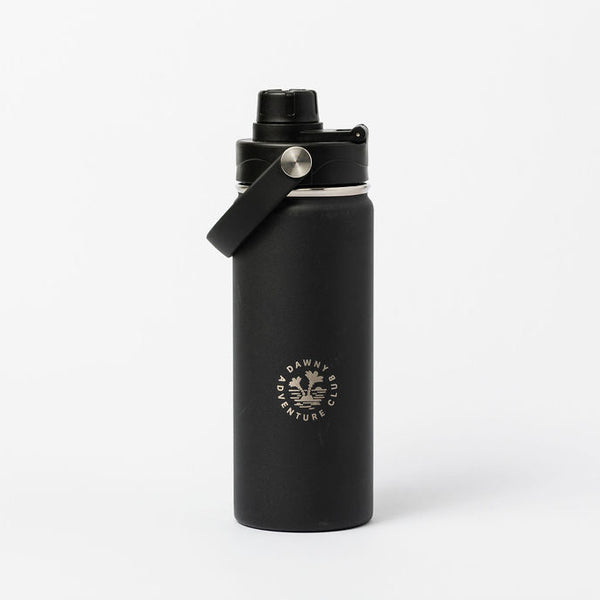 Black water bottle with a logo on a white background