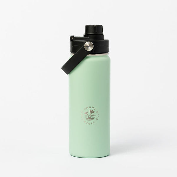 Mint green water bottle with black cap on a white background