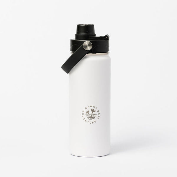 White water bottle with black lid and strap on a white background