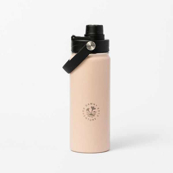 Beige water bottle with black lid and logo on a white background