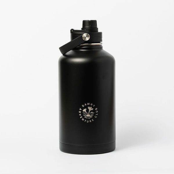 Black water bottle with a logo on a white background
