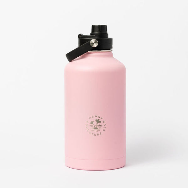 Pink water bottle with black cap on a white background