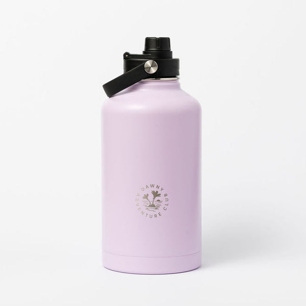 Purple water bottle with black cap on a white background
