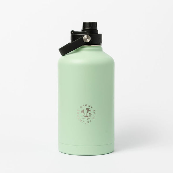 Mint green water bottle with black cap on a white background