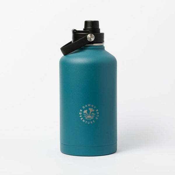 Teal water bottle with black lid on a white background