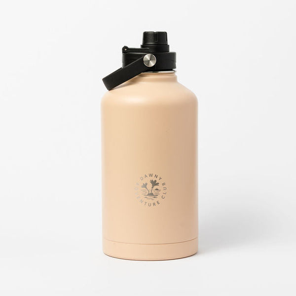 Beige water bottle with black lid on a white background