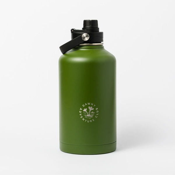 Green water bottle with a black lid on a white background