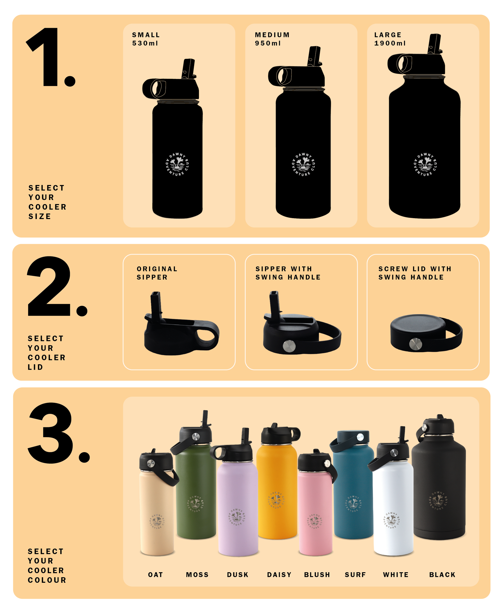 Dawny Cooler drink bottle sizes, lid types and colours available in New Zealand. 530ml, 1L and 1.9L drink bottles